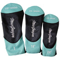 Three golf club headcovers are displayed vertically with a combination of black and teal colors featuring "MacGregor" in white lettering along with numerical indicators "1," "18°," and "24°" on the lower sections.