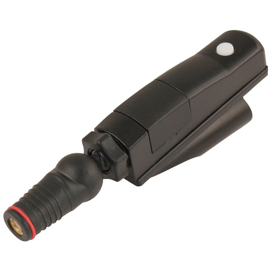 A black putting laser with a rounded end is designed for joining cables it features a button on top and is positioned in a neutral setting with no visible background elements.