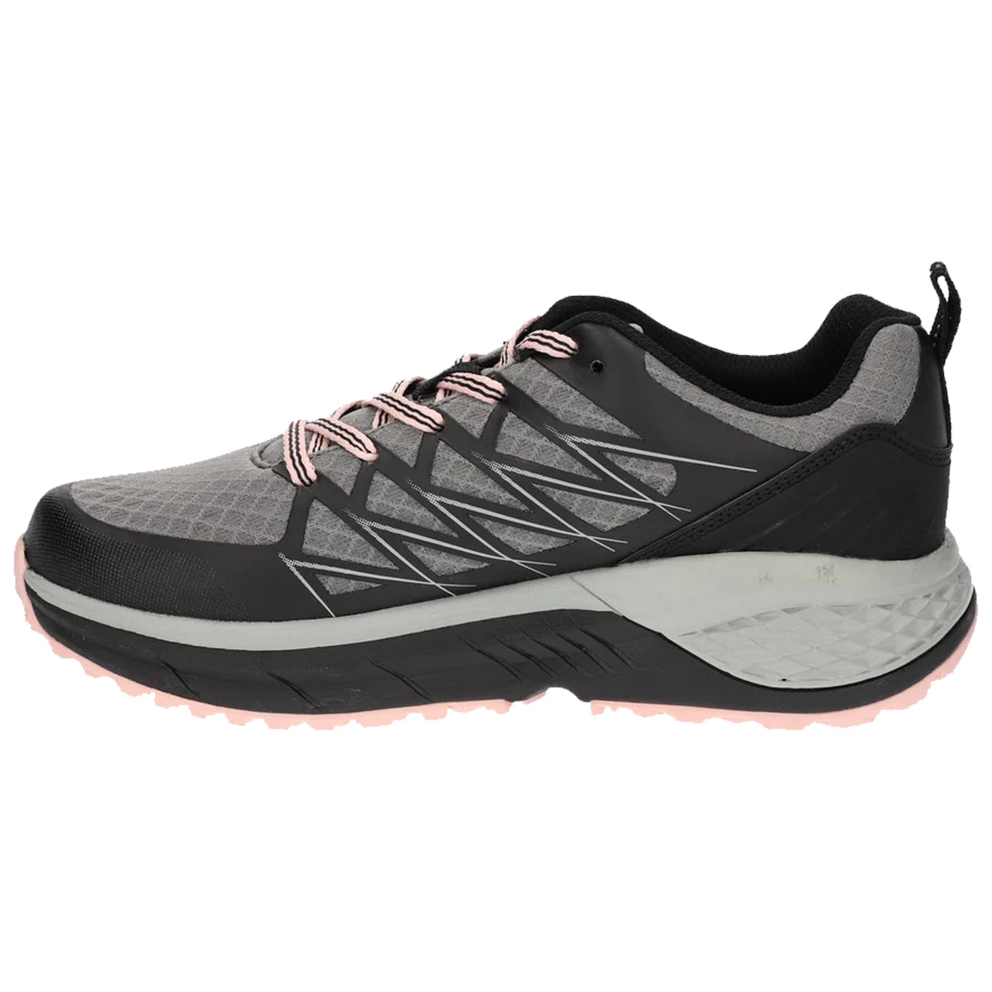 A running shoe features a black and gray upper with pink laces and a cushioned sole designed for stability and comfort during physical activity in an outdoor environment.