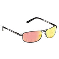 Sunglasses with a sleek black frame have reflective yellow and pink lenses resting in an upright position against a plain background, designed to block light and provide sun protection.