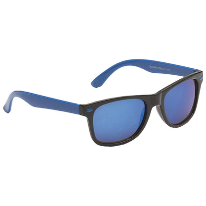 A pair of sunglasses is displayed resting on a surface the lenses are dark with a blue gradient and the frames are a combination of black and blue suggesting a casual summer style