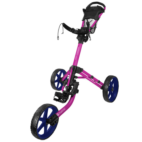 A pink golf push cart with three wheels is positioned upright showcasing its handle and a mesh storage compartment while standing on a flat surface, ready for use on a golf course.
