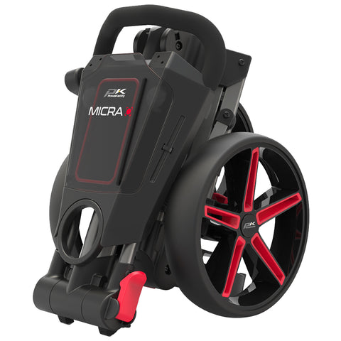A compact black and red folding stroller is displayed upright highlighting its adjustable handle and large wheels designed for maneuverability in urban environments.