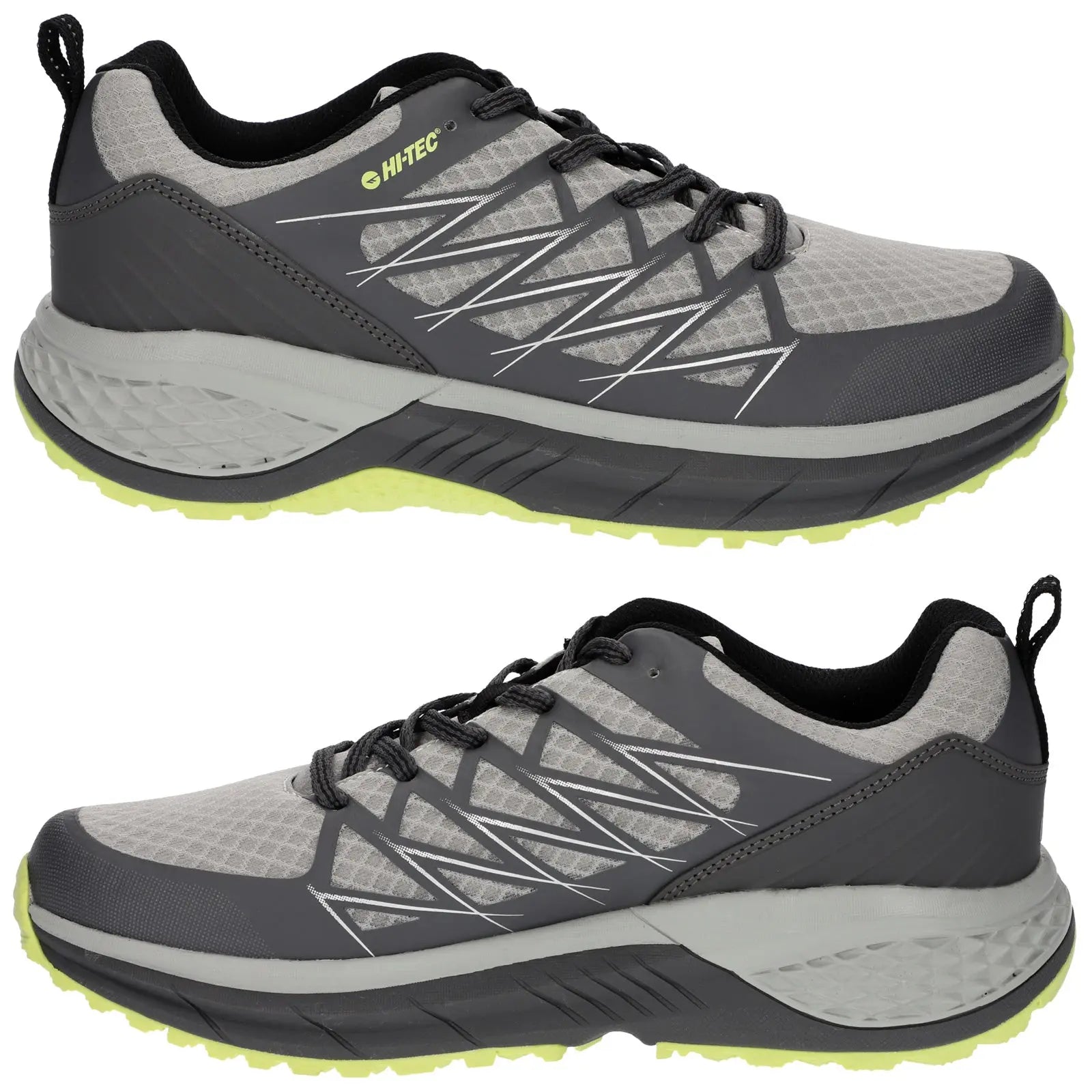 Gray athletic shoes with a textured upper and a thick sole featuring a lime green accent sit on a white background showcasing their design and structure for active wear.