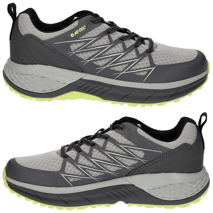 Gray athletic shoes with a textured upper and a thick sole featuring a lime green accent sit on a white background showcasing their design and structure for active wear.