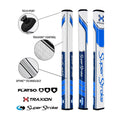 A set of golf club grips is displayed with labels highlighting features including tech-port Traxion control and Spyne technology alongside branding from Super Stroke and Flatso.