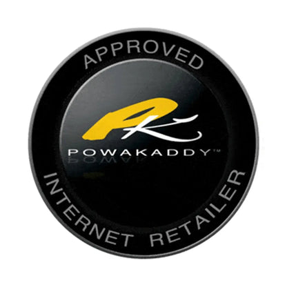 A circular logo features the letters PK in yellow and white for Powakaddy surrounded by the words APPROVED and INTERNET RETAILER on a black background