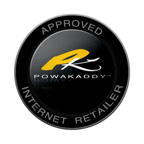 A circular logo features the letters PK in yellow and white for Powakaddy surrounded by the words APPROVED and INTERNET RETAILER on a black background