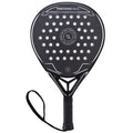 A black paddle racket with a perforated surface and a textured grip is displayed against a white background showing the brand name and model details on its upper section.