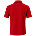 A red polo shirt is displayed from the back showing a collar short sleeves and a small logo at the upper center on the back