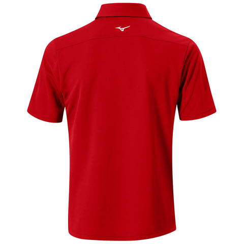 A red polo shirt is displayed from the back showing a collar short sleeves and a small logo at the upper center on the back