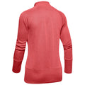 A red long-sleeve pullover is displayed facing away showing a collar and structured sleeves with a relaxed fit suitable for casual wear or exercise in an indoor setting.