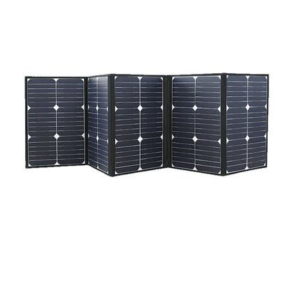 A foldable solar panel with multiple sections captures sunlight for energy generation in an outdoor setting designed for portability and efficiency in various environments