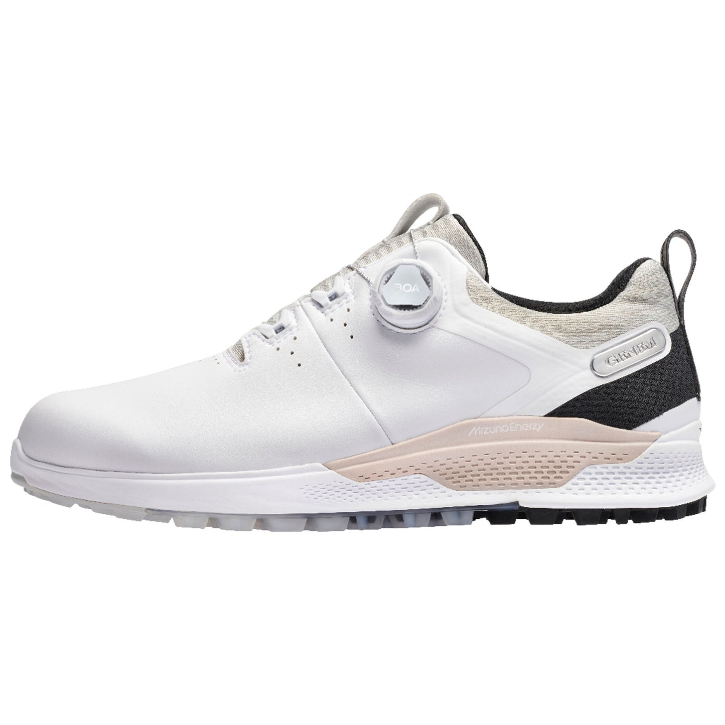 A white golf shoe features a sleek design with a dial closure system on the side and a textured back, suited for performance on the golf course.