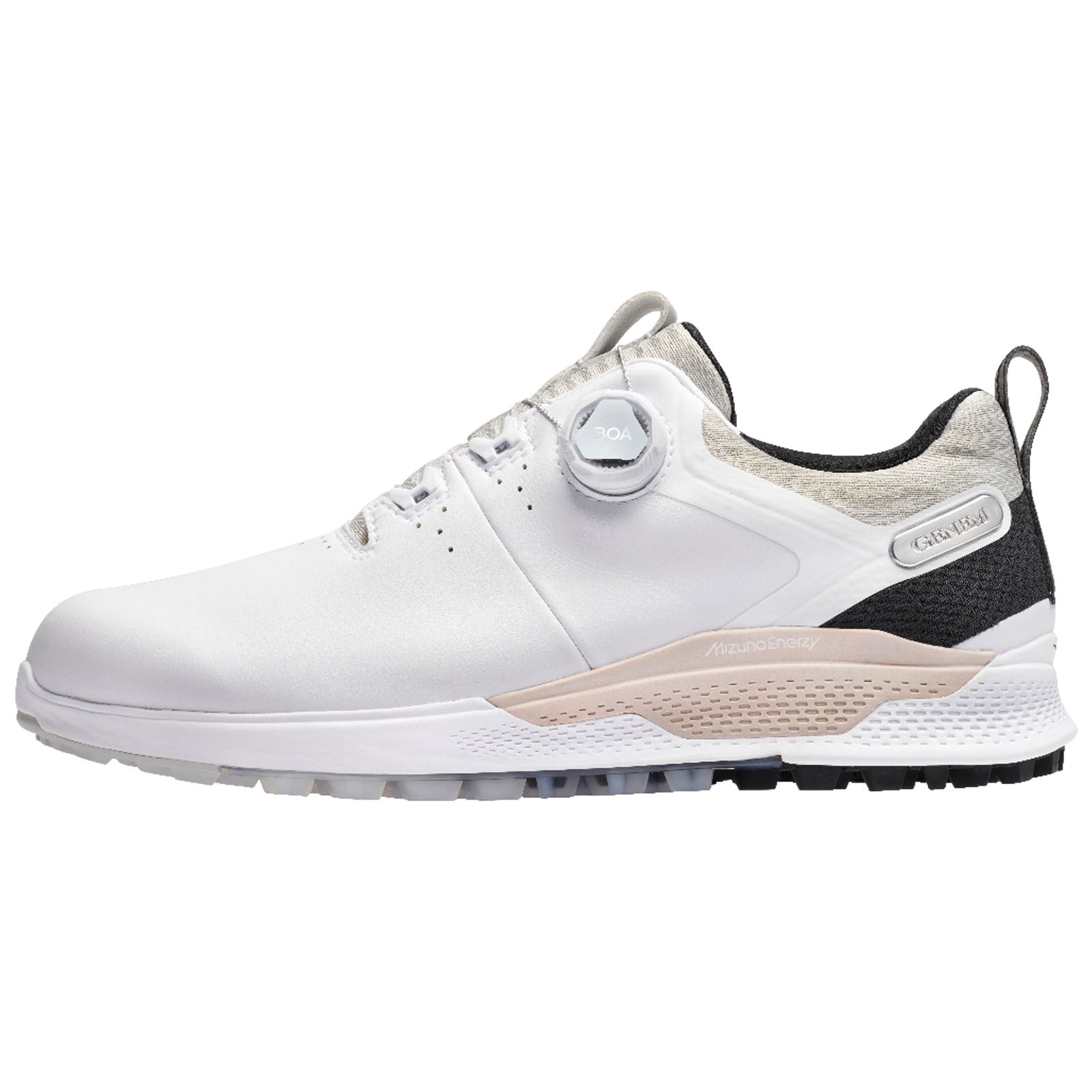 A white golf shoe features a sleek design with a dial closure system on the side and a textured back, suited for performance on the golf course.