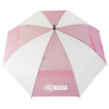 A pink and white umbrella is opened upwards providing shade against sunlight in an outdoor setting showcasing its vibrant colors and design with the text PRO-TEKT prominently displayed