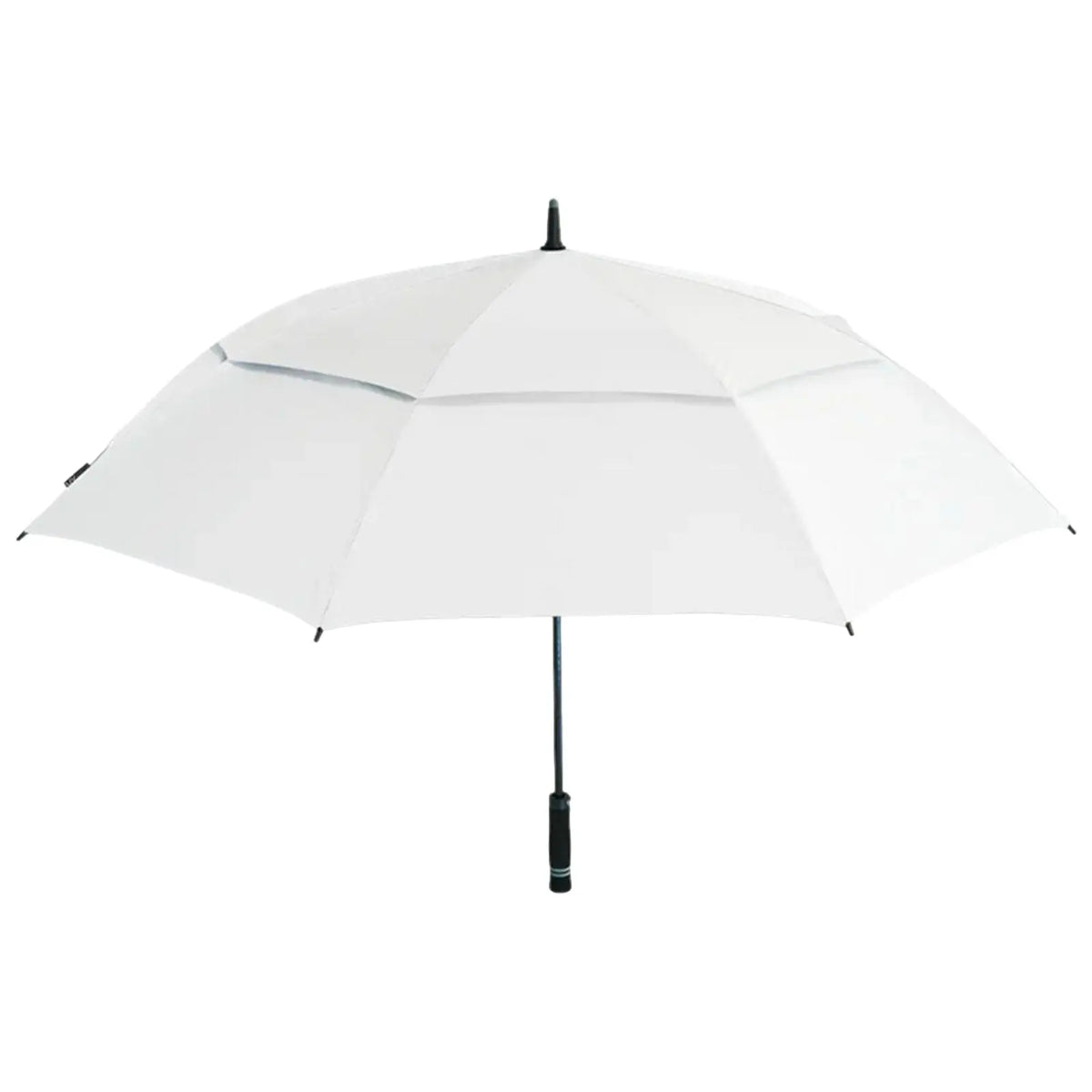 A white umbrella stands upright with a black handle The canopy is open providing shade against sunlight or protection from rain in an outdoor setting
