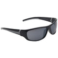 Sunglasses are positioned at an angle with dark lenses and a glossy black frame. The background is neutral, emphasizing the sleek design and sporty aesthetic of the sunglasses.