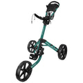 A golf push cart with three large wheels moves easily on a flat surface featuring a handle and a storage compartment designed for convenience during outdoor golfing activities.