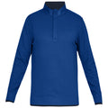 A blue long-sleeve pullover shirt with a collar features a textured pattern and a half-zip opening at the neck designed for casual or athletic wear.