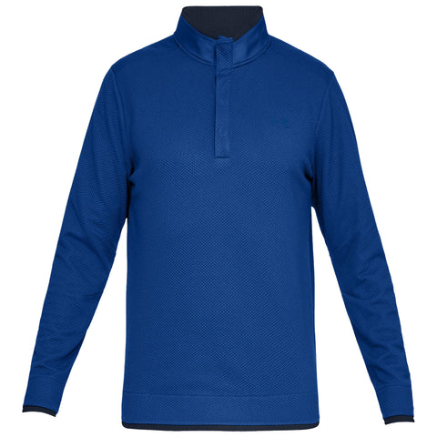 A blue long-sleeve pullover shirt with a collar features a textured pattern and a half-zip opening at the neck designed for casual or athletic wear.