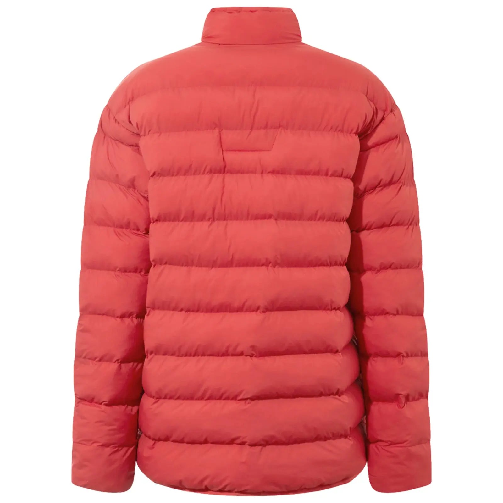 A red puffer jacket is displayed facing backward featuring a high collar and horizontal quilted sections providing insulation in a clothing retail context.