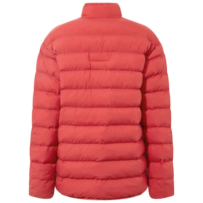 A red puffer jacket is displayed facing backward featuring a high collar and horizontal quilted sections providing insulation in a clothing retail context.