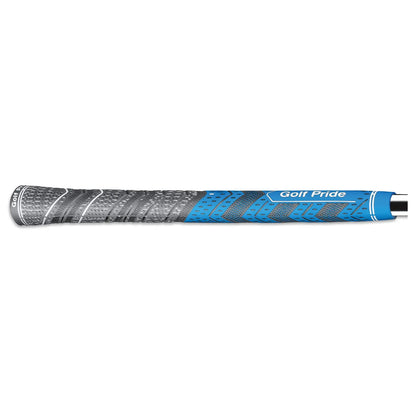 A golf club grip is displayed horizontally featuring a textured silver and blue design with the inscription Golf Pride it is designed for improved handling and comfort during play