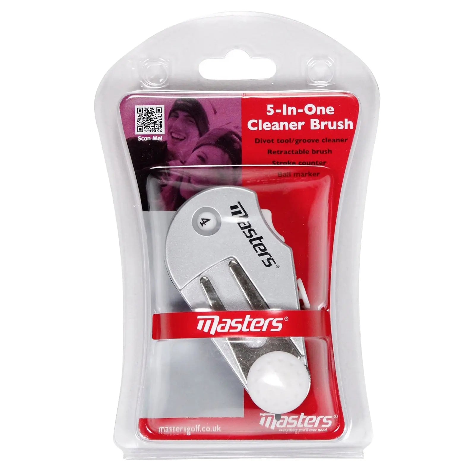 A compact 5-in-one cleaner brush includes a divot tool, retractable brush, stroke counter, and ball marker packaged in clear plastic with a red background featuring promotional images.