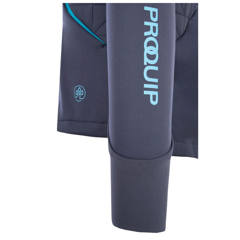 A dark gray garment features a blue logo reading PROQUIP on one sleeve. The design includes a smooth fabric with a distinct cuff that appears fitted and practical for outdoor use.