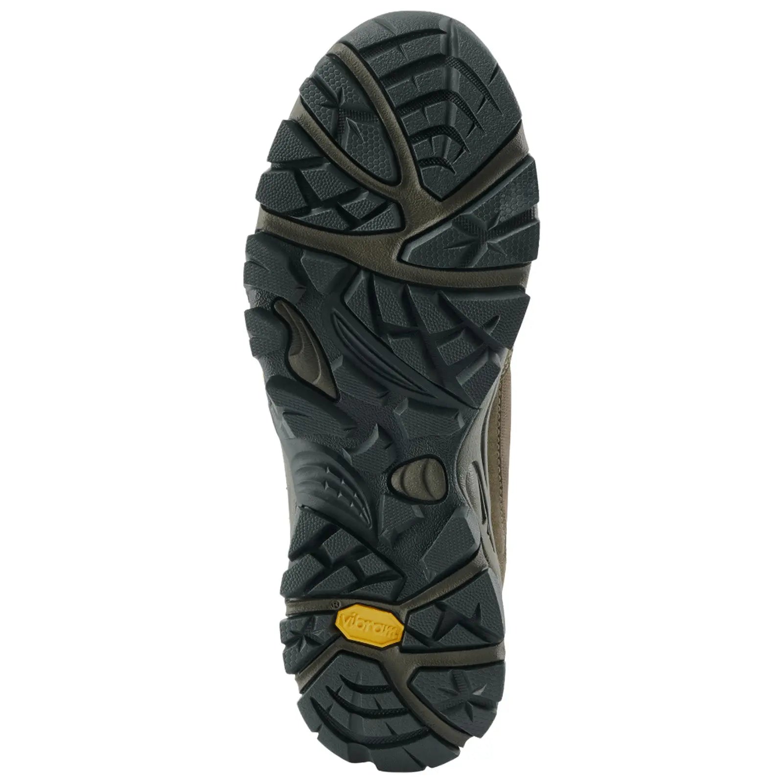 A rugged shoe sole features deep treads designed for traction on various surfaces indicating suitability for outdoor activities against a neutral background
