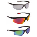 Three pairs of sunglasses are displayed in an upright position on a white background showcasing different colored lenses including gray, red, and green with black frames and unique designs.