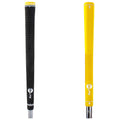 Two golf club grips are displayed side by side. The left grip is black with a textured surface while the right grip is yellow with a ribbed pattern.