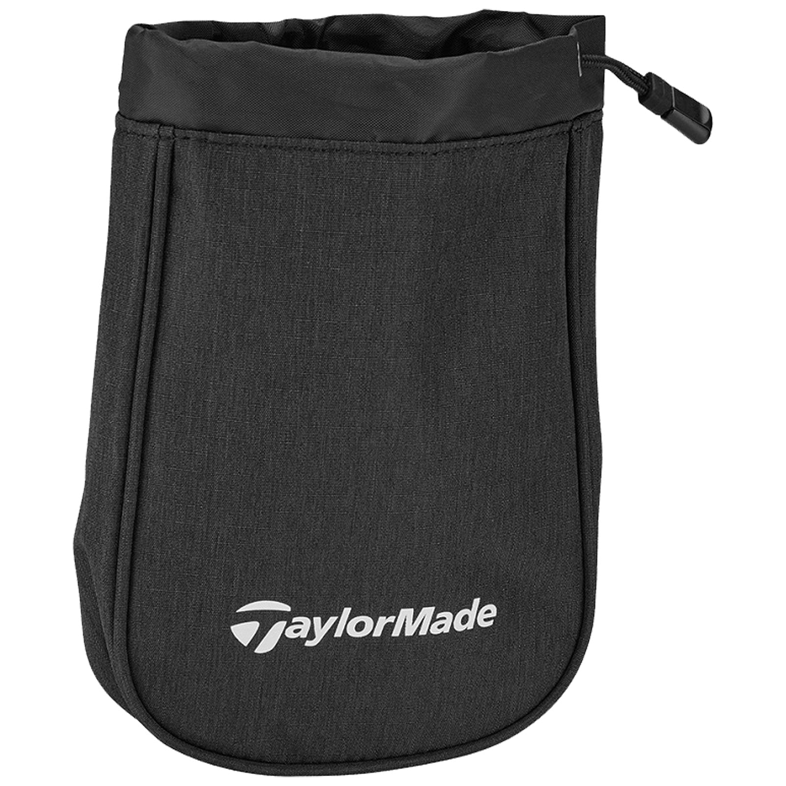 TaylorMade Performance Valuables Pouch N8949501 A black fabric golf pouch holds its shape with a drawstring top designed to secure items inside featuring the TaylorMade logo prominently displayed on the front.