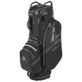 A black golf bag stands upright featuring multiple zippered pockets and a cushioned handle equipped for transporting golf clubs while showcasing a sleek and modern design suitable for golfers.