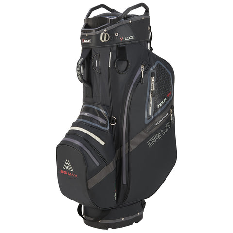 A black golf bag stands upright featuring multiple zippered pockets and a cushioned handle equipped for transporting golf clubs while showcasing a sleek and modern design suitable for golfers.