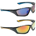 Sunglasses are displayed in two positions showing differing lens colors and frame designs the top pair has blue accents and reflective lenses while the bottom features yellow accents and similar reflective lenses