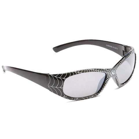 Black sunglasses with a spider web design on the frames sit upright against a plain white background showcasing a playful and unique style suitable for costume wear or themed events