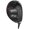 A black golf club head is positioned prominently displaying the Srixon logo and ZX MK II label. It features a sleek design with angled shapes suggesting aerodynamic efficiency for improved performance on the course.