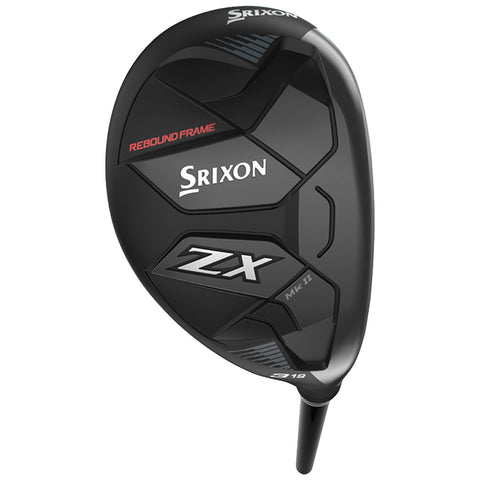 A black golf club head is positioned prominently displaying the Srixon logo and ZX MK II label. It features a sleek design with angled shapes suggesting aerodynamic efficiency for improved performance on the course.