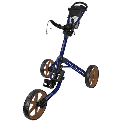 A blue golf push cart with three wheels stands upright The cart features a handle and a mesh pocket for storage designed for transporting golf bags across the course