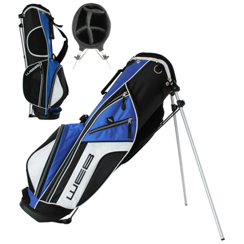 A lightweight golf bag stands upright with a black white and blue design featuring multiple zippered pockets and a sturdy base for stability in a golfing environment.