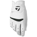 A white leather golf glove is displayed upright with a black accent band and ventilation holes showing a sleek design suitable for outdoor sports in a casual or competitive setting