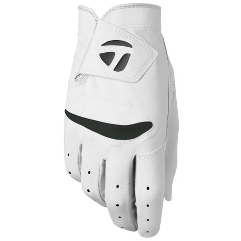A white leather golf glove is displayed upright with a black accent band and ventilation holes showing a sleek design suitable for outdoor sports in a casual or competitive setting