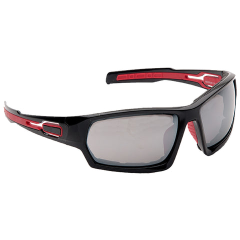 Sunglasses with a sleek black and red design rest in a neutral setting showcasing their angled lenses and sporty frame suitable for outdoor activities and sun protection.