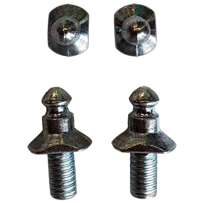 Four metallic fasteners are displayed with two buttons on top and two threaded bolts beneath. The shiny surface reflects light, showcasing their structural design against a plain white background.