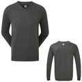 A dark gray sweater is displayed from the front and back showing its v-neck design and long sleeves in a plain texture with a logo on the collar.