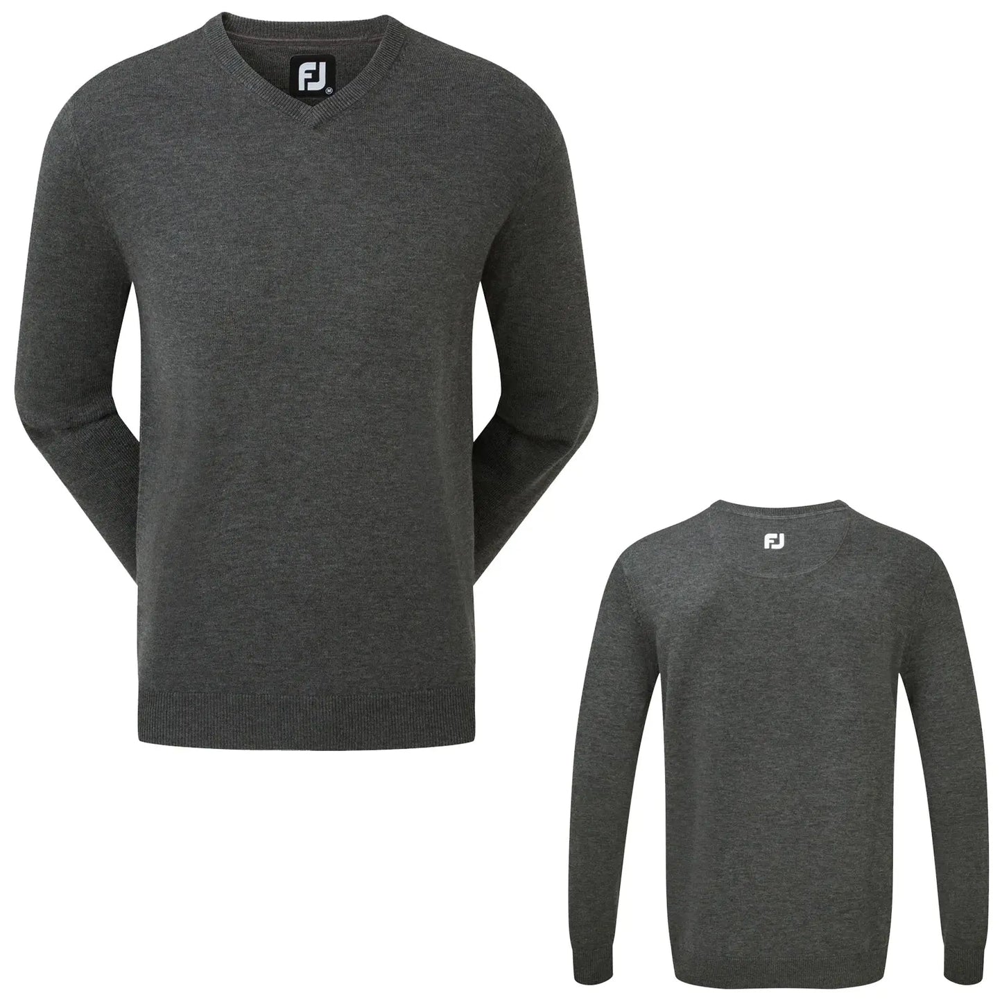 A dark gray sweater is displayed from the front and back showing its v-neck design and long sleeves in a plain texture with a logo on the collar.