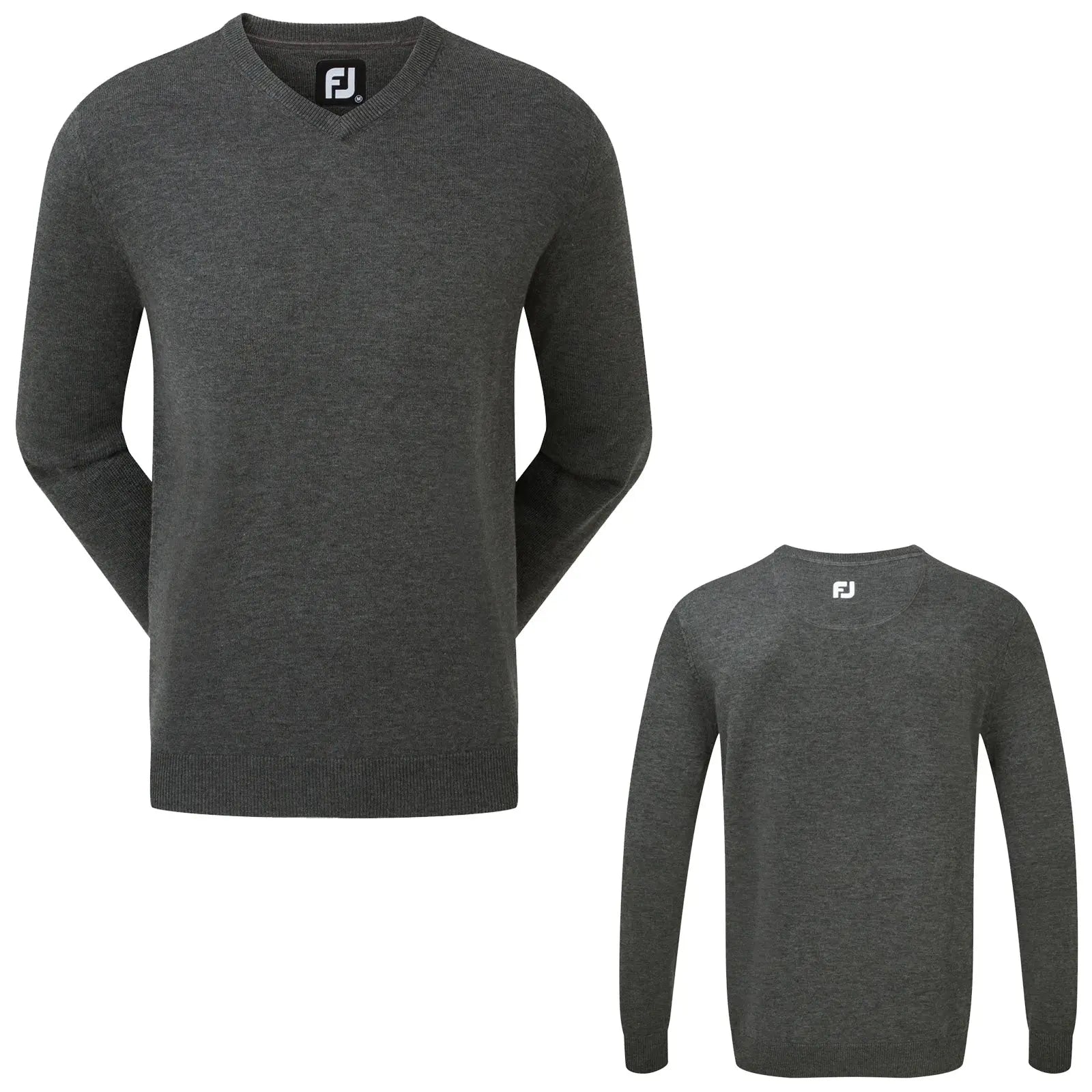 A dark gray sweater is displayed from the front and back showing its v-neck design and long sleeves in a plain texture with a logo on the collar.
