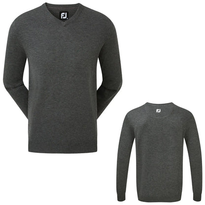 A dark gray sweater is displayed from the front and back showing its v-neck design and long sleeves in a plain texture with a logo on the collar.